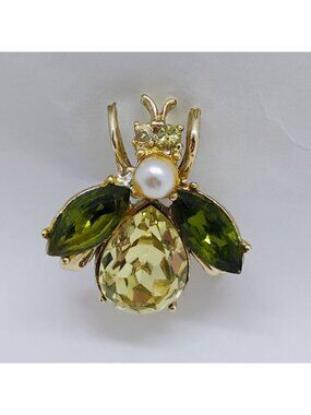 Vintage Green Yellow Rhinestone & Faux Pearl Fly Bee Bug Insect Brooch Pin